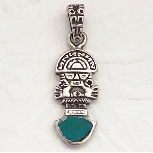 Vintage Inca Tumi Sterling Silver Chrysocolla  Inlay Pendant Charm - Picture 6 of 7